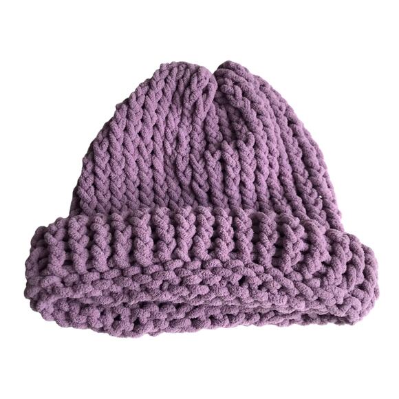 Handmade Knit Hat Stocking Cap Ribbed Beanie Purple Winter Ski Hat Scandi Girl - Picture 4 of 7